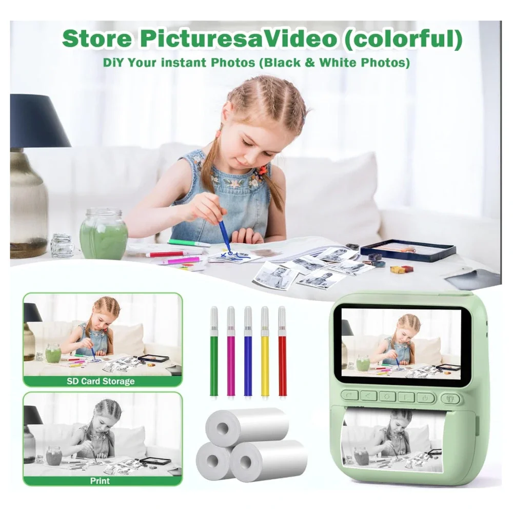 HANGRUI Instant Print Fun Digital Camera for Kids Mint Green - NEW IN BOX